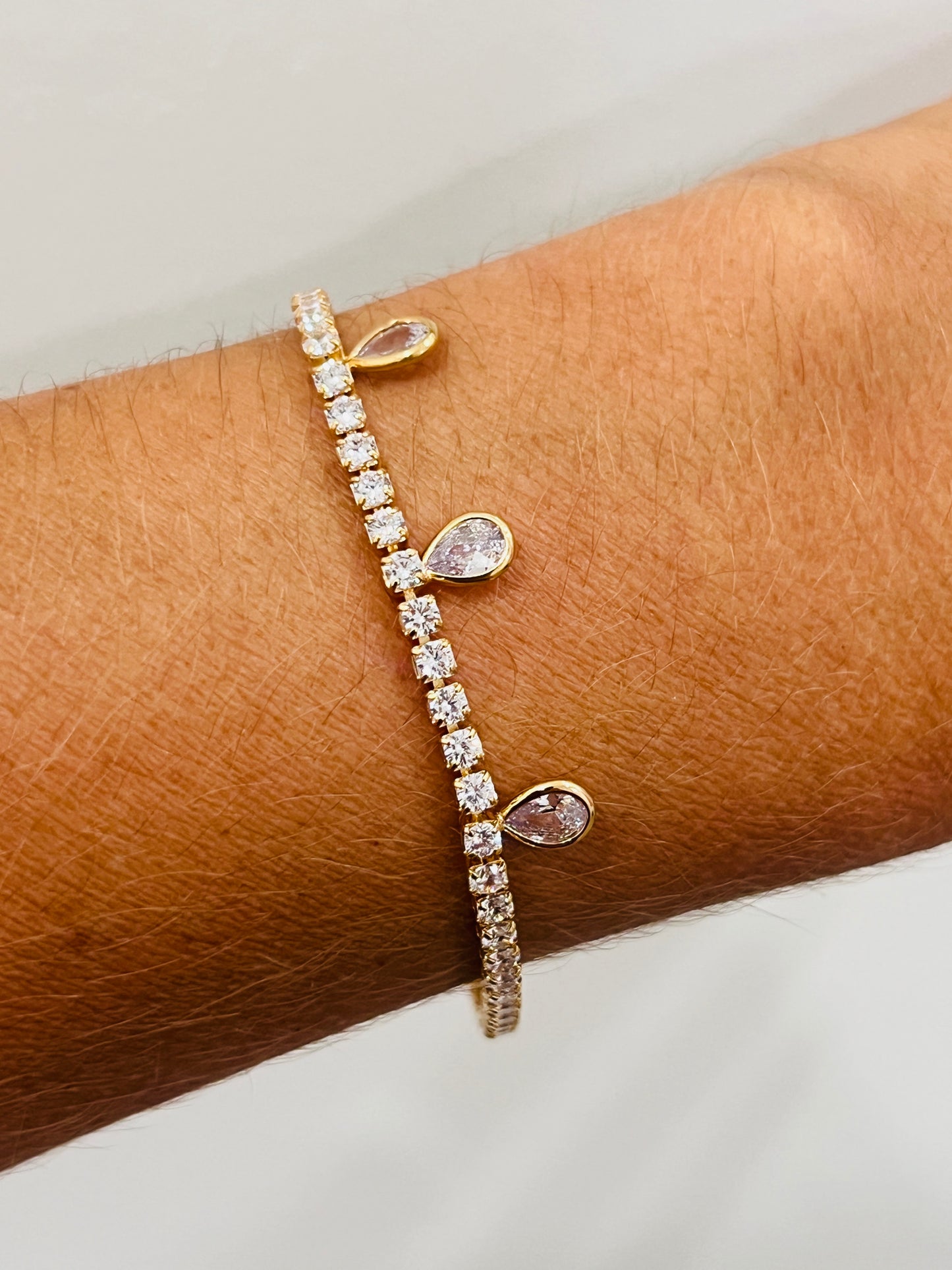 Gold Filled CZ Tennis Bracelet with Dangling CZ Teardrops