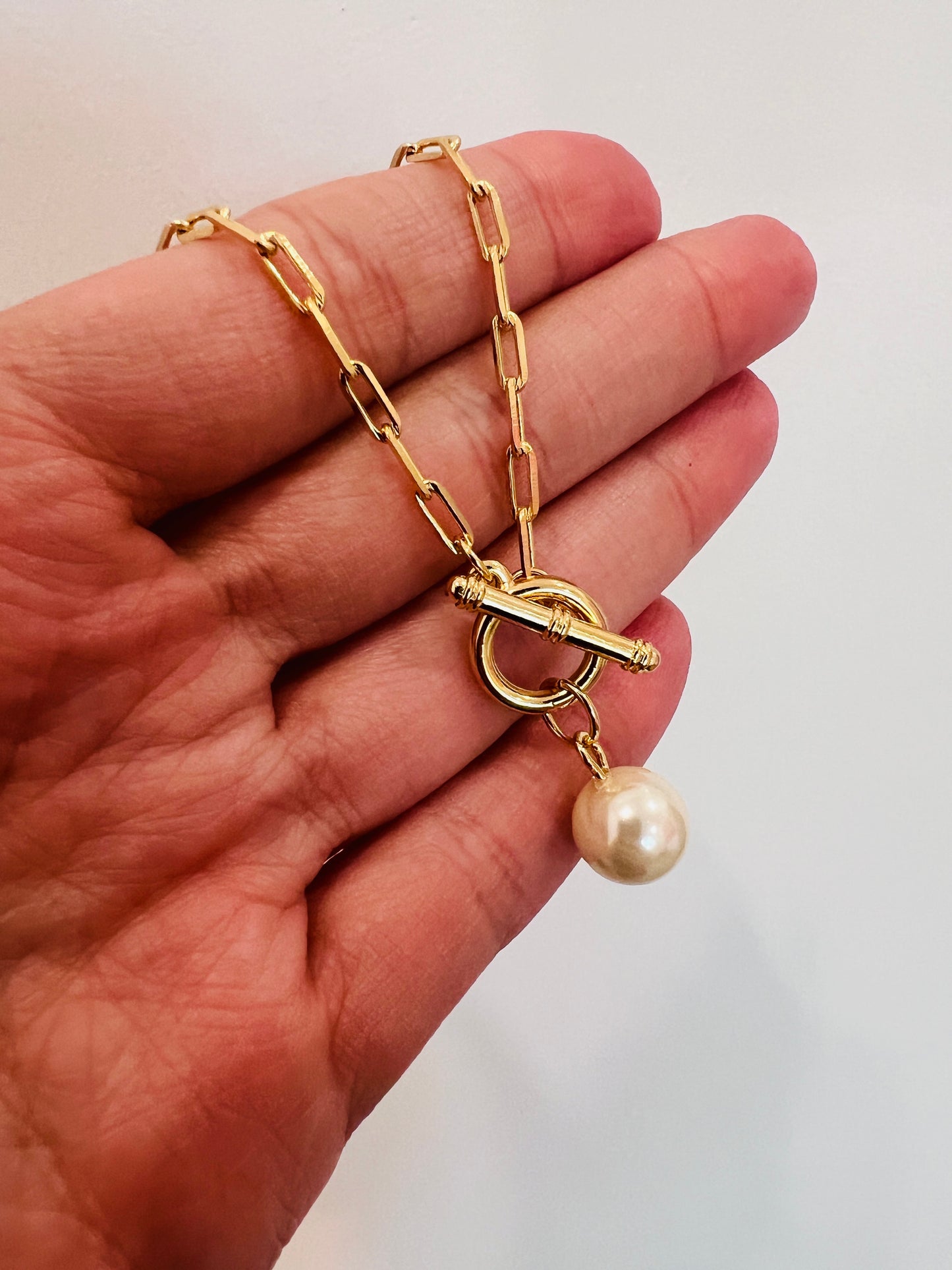 Gold Filled Paperclip Necklace with Toggle Clasp & Pearl Accent