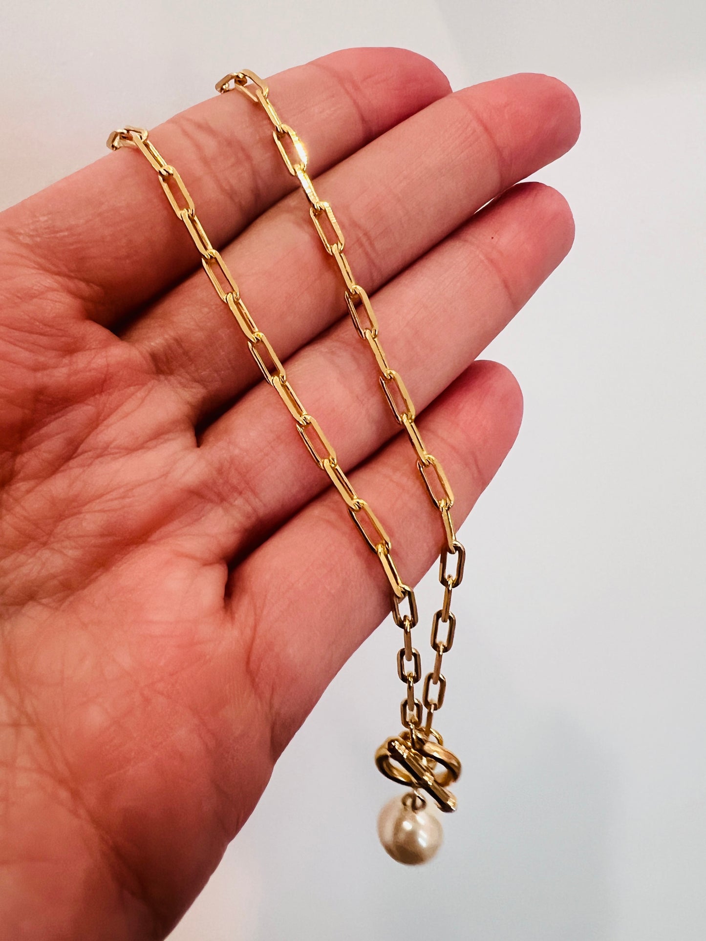 Gold Filled Paperclip Necklace with Toggle Clasp & Pearl Accent