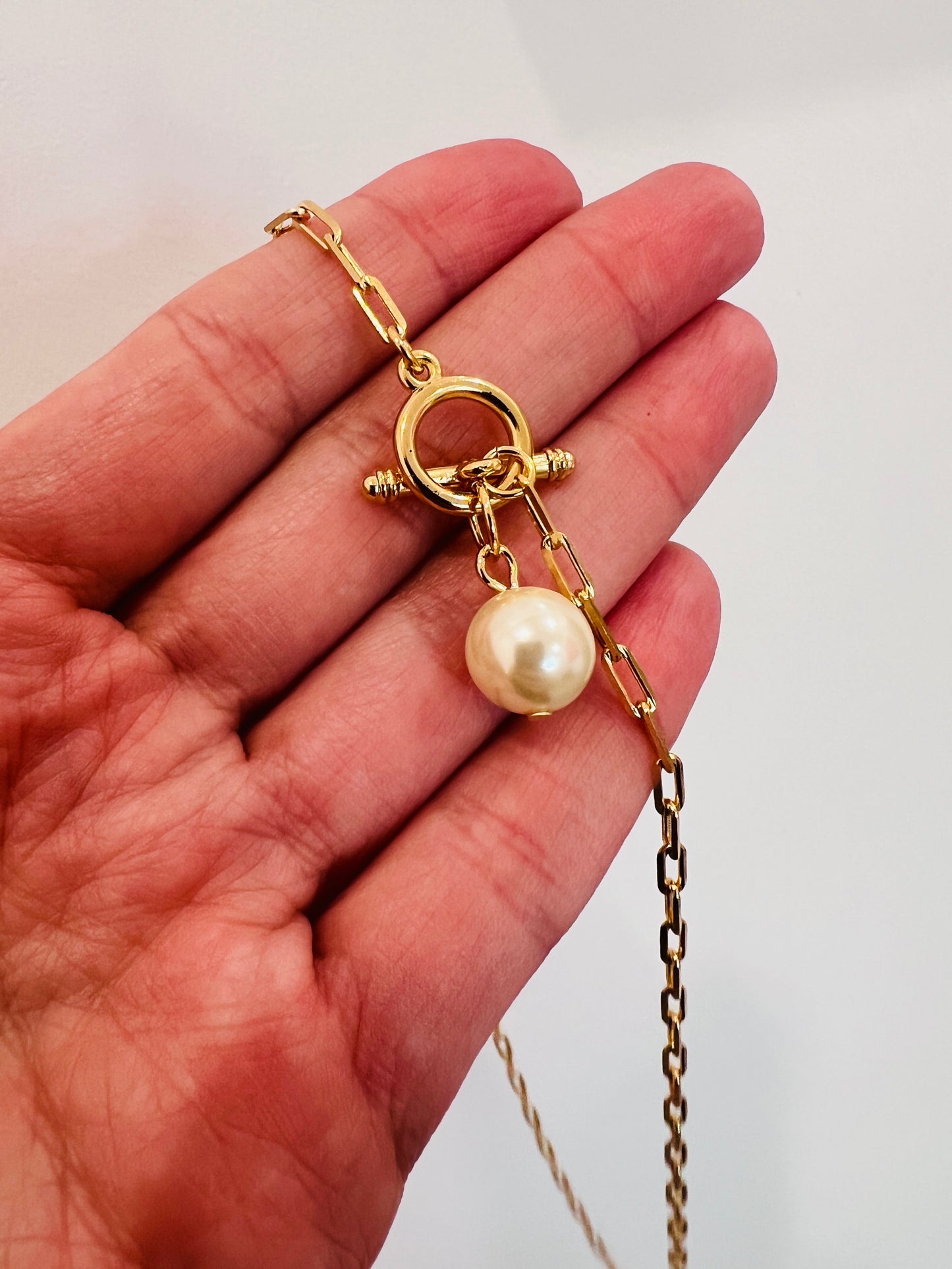 Gold Filled Paperclip Necklace with Toggle Clasp & Pearl Accent