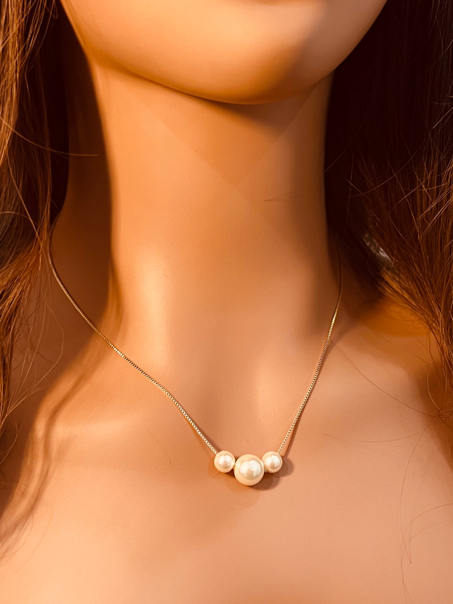 Gold Filled Triple Faux Pearl Box Necklace