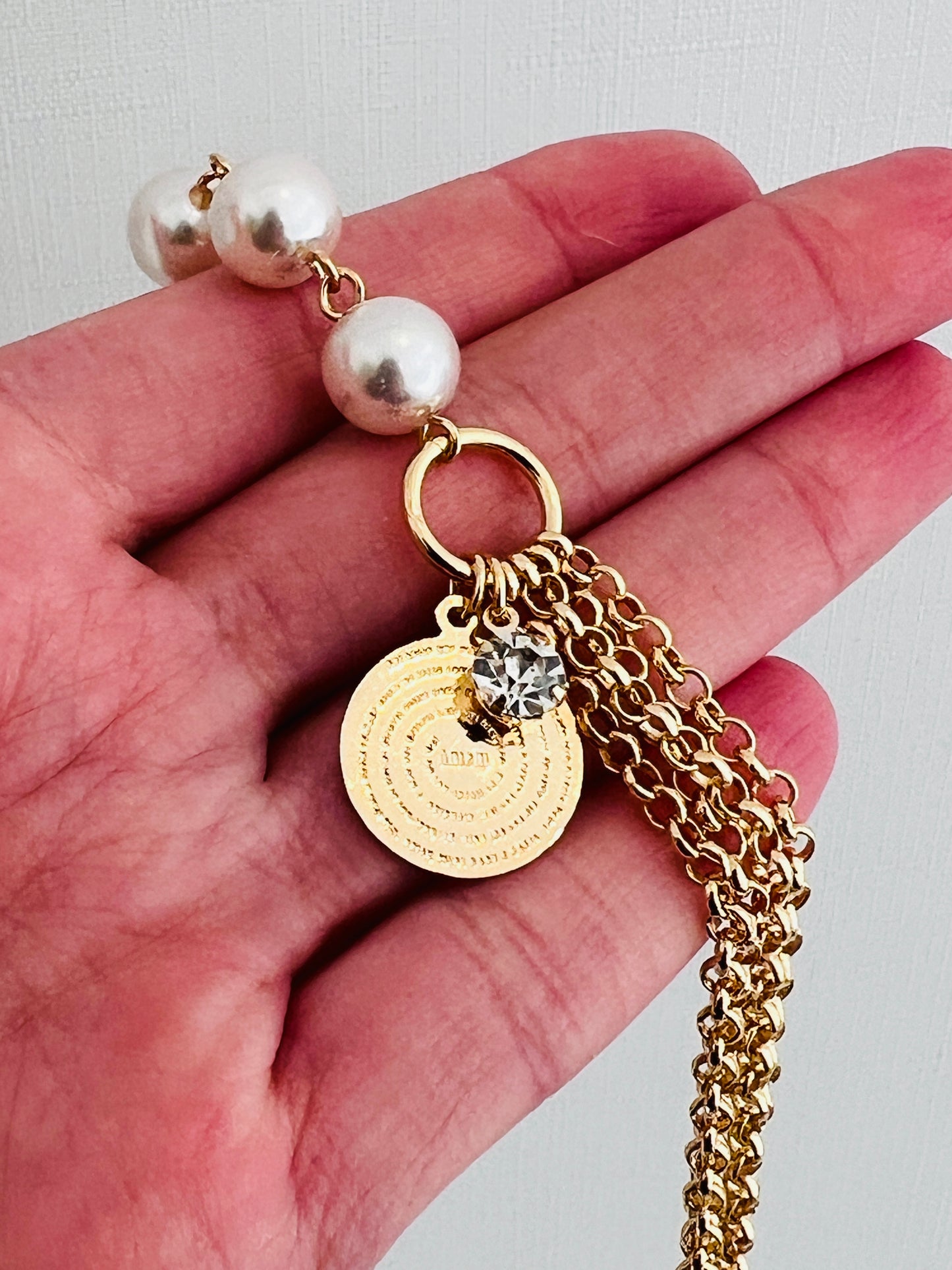 Gold Filled Chain Bracelet with Dangling Pearls & Prayer Charm