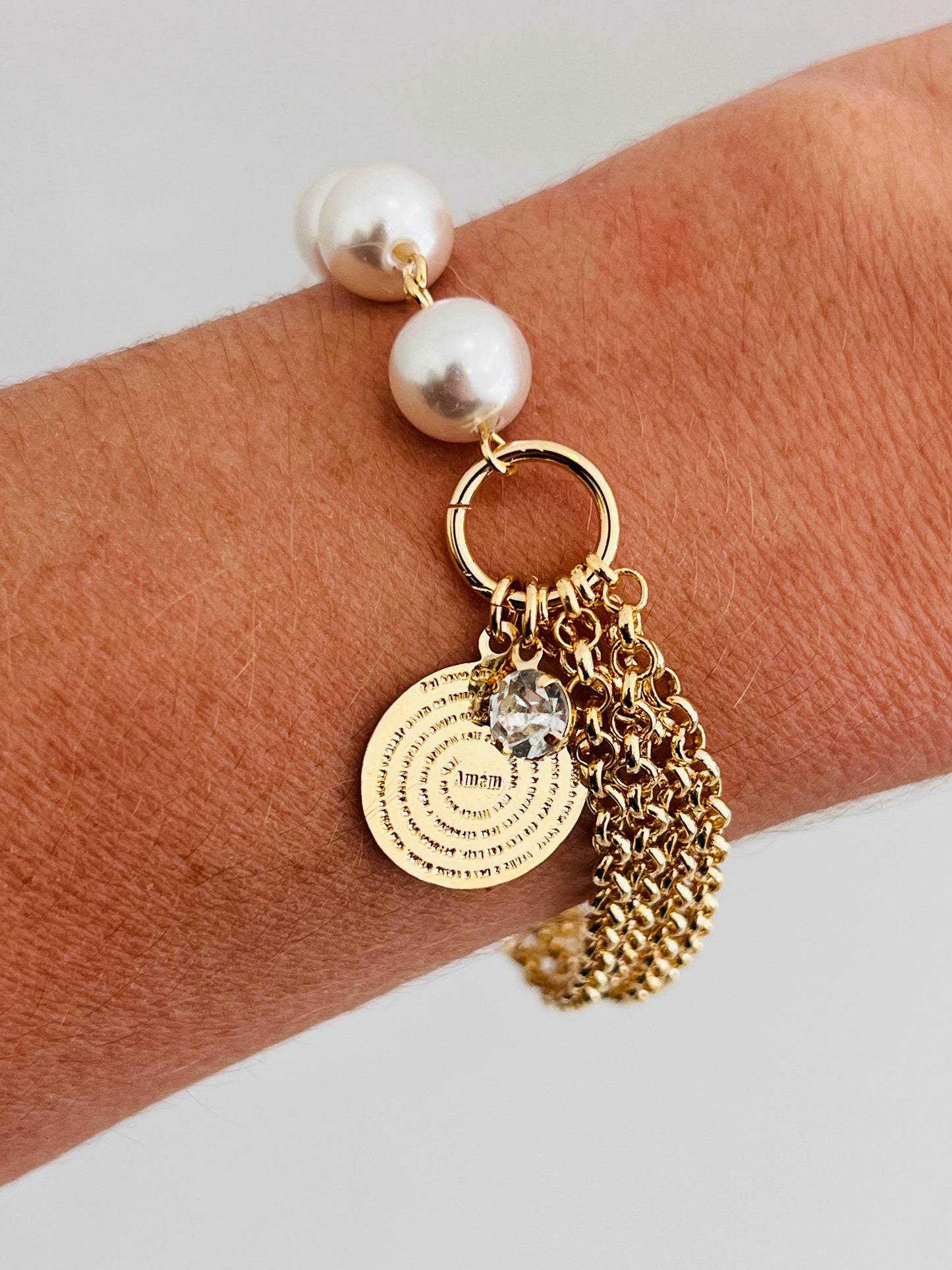 Gold Filled Chain Bracelet with Dangling Pearls & Prayer Charm