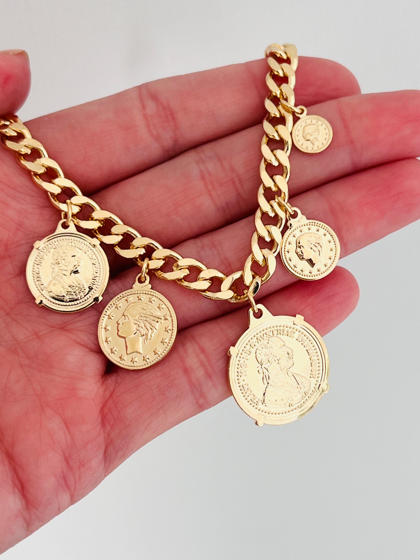 Gold Filled Curb Bracelet with Dangling Coin Charms