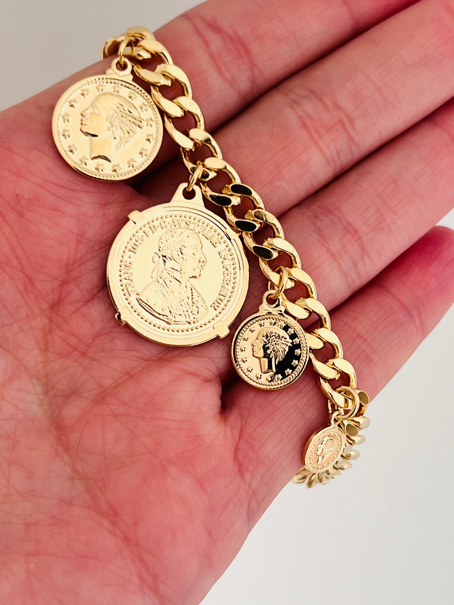 Gold Filled Curb Bracelet with Dangling Coin Charms