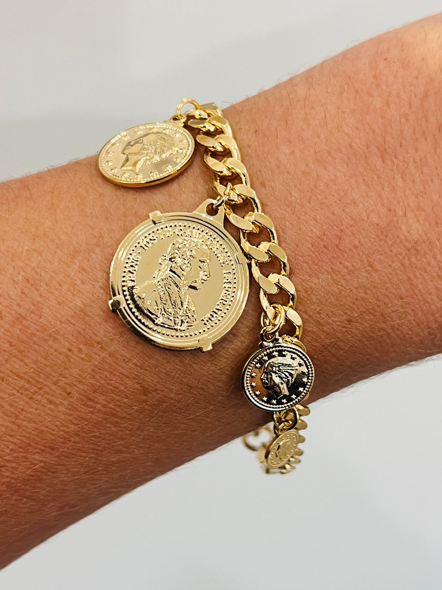 Gold Filled Curb Bracelet with Dangling Coin Charms