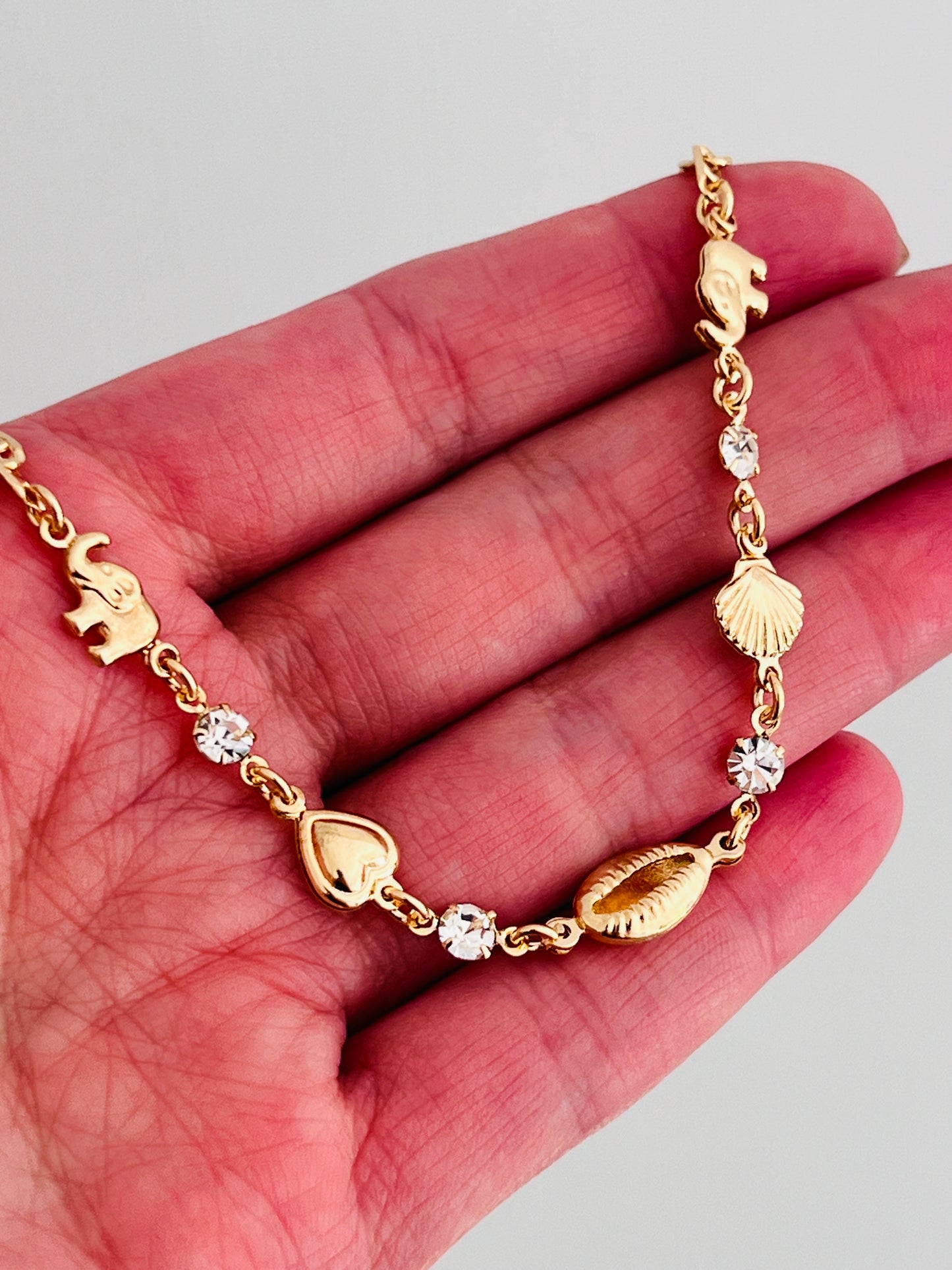 Gold Filled Puka Shell & Elephant Charm Bracelet