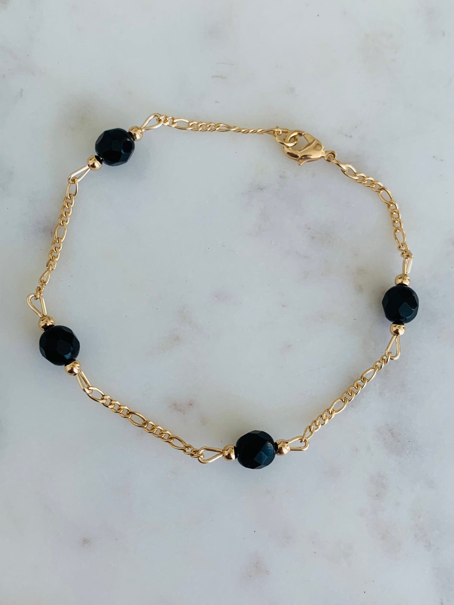 Gold Filled Black Crystal Figaro Bracelet