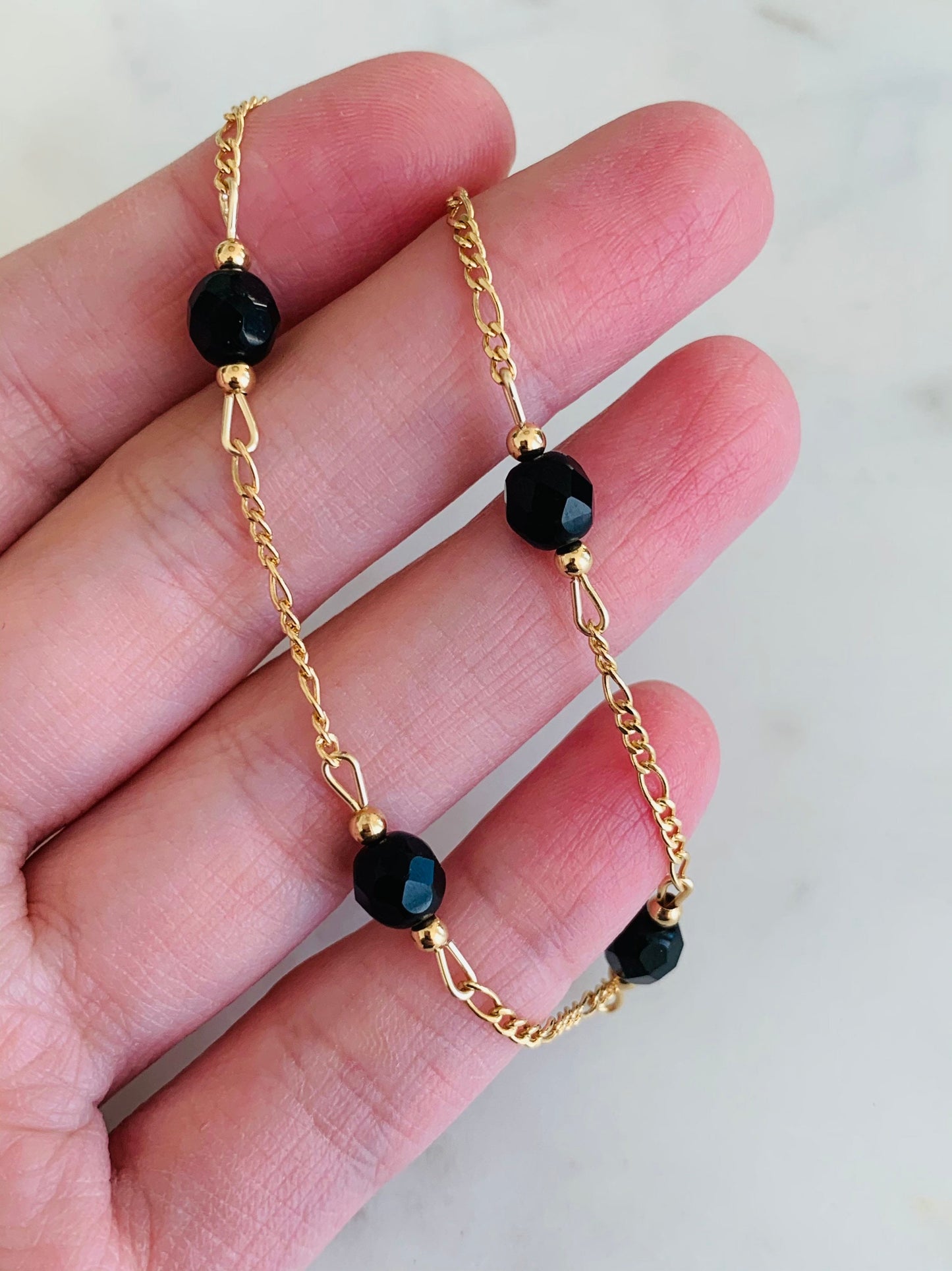 Gold Filled Black Crystal Figaro Bracelet