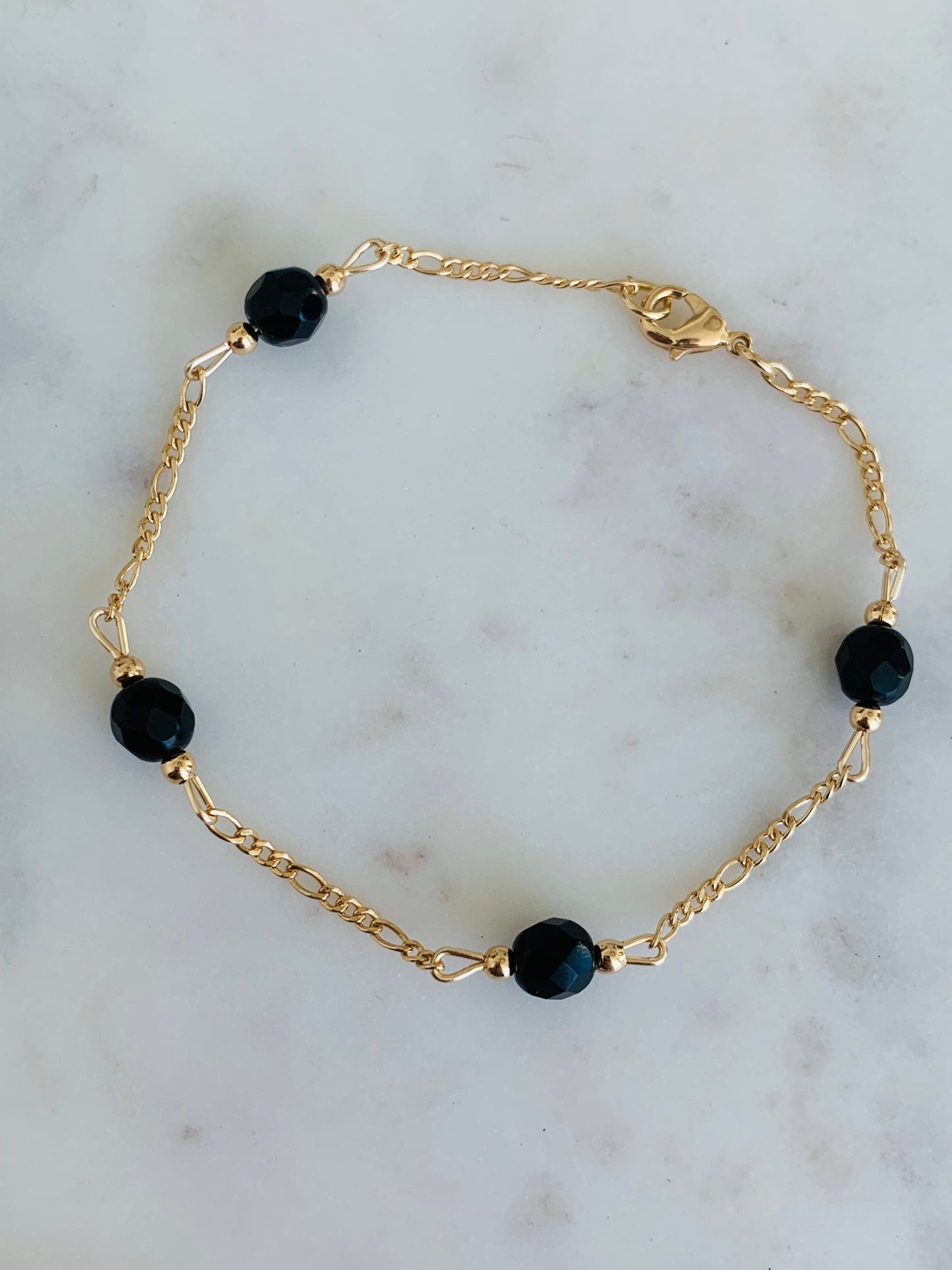 Gold Filled Black Crystal Figaro Bracelet