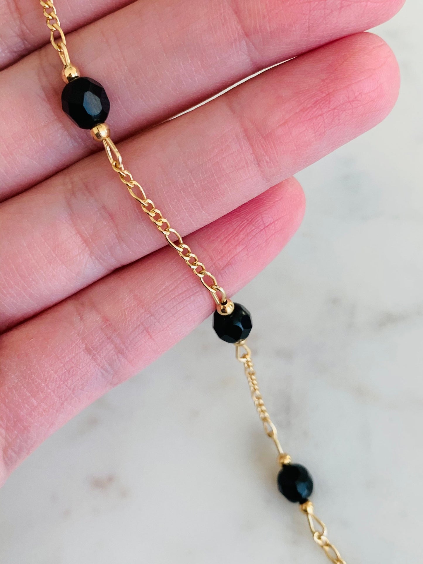 Gold Filled Black Crystal Figaro Bracelet