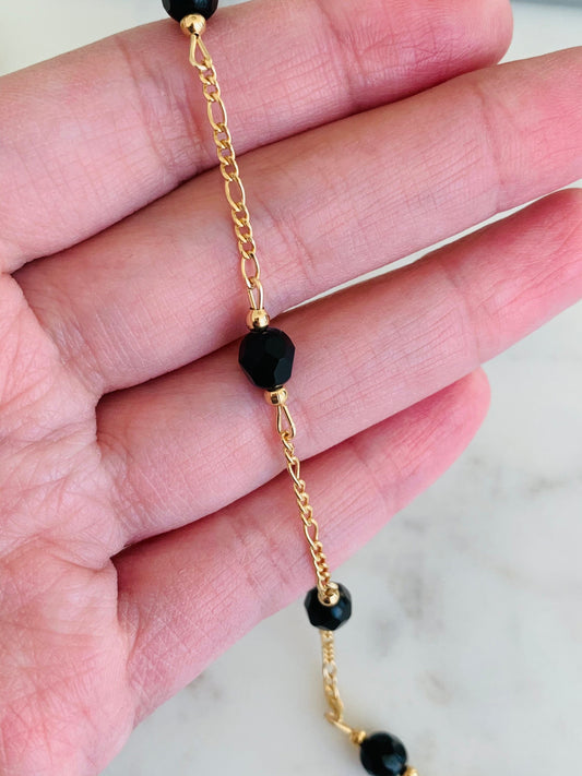 Gold Filled Black Crystal Figaro Bracelet