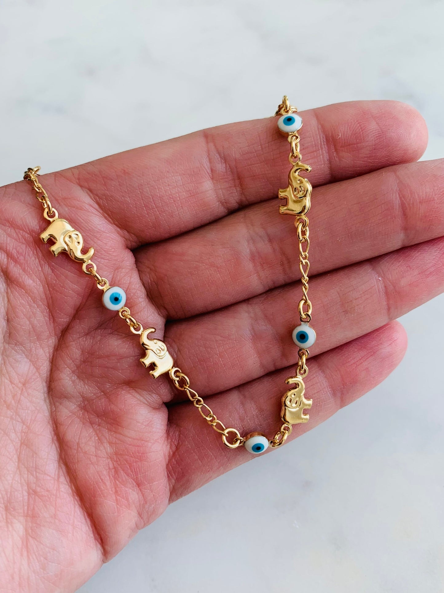 Gold Filled Evil Eye & Elephant Charm Bracelet