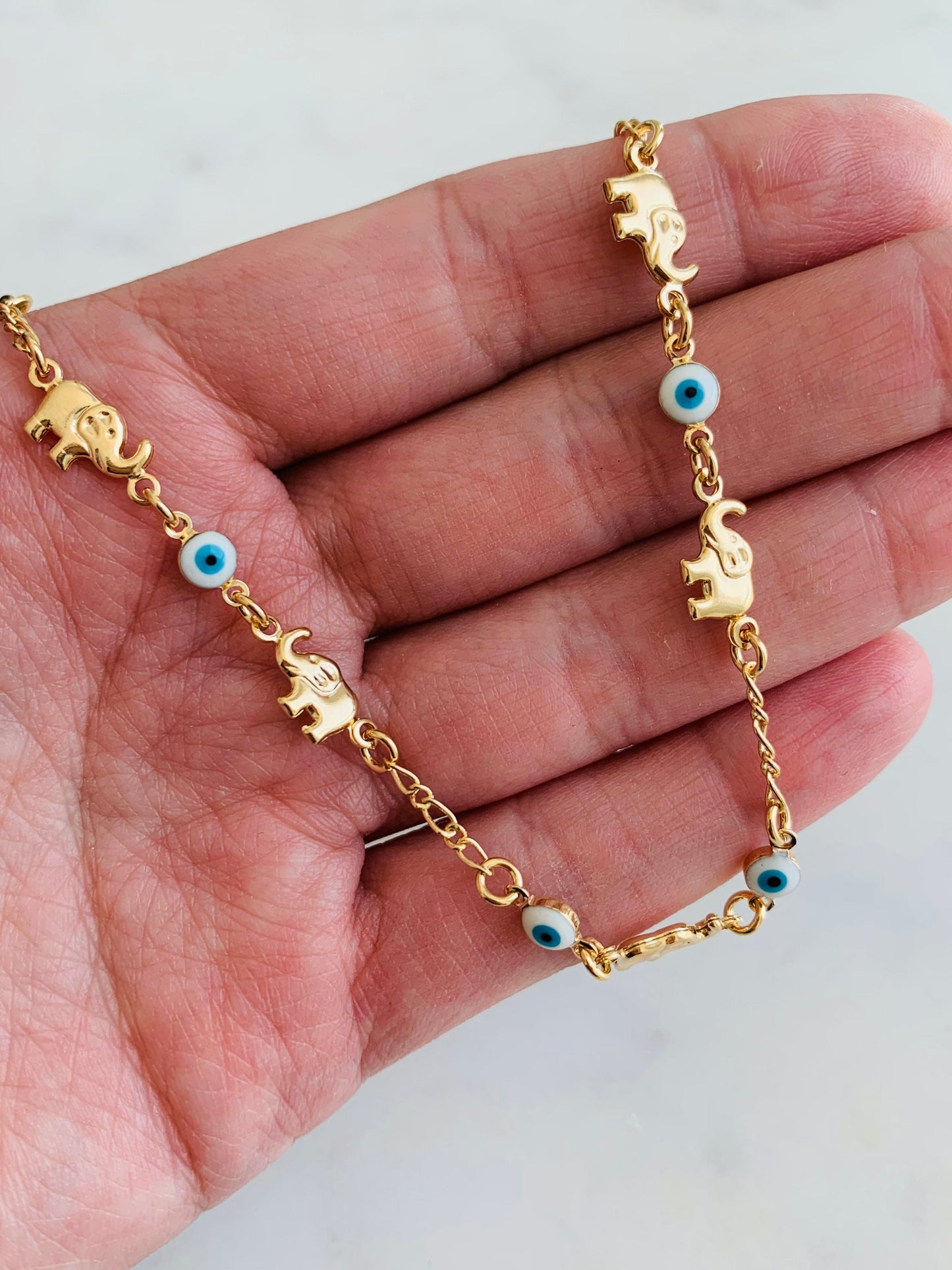 Gold Filled Evil Eye & Elephant Charm Bracelet