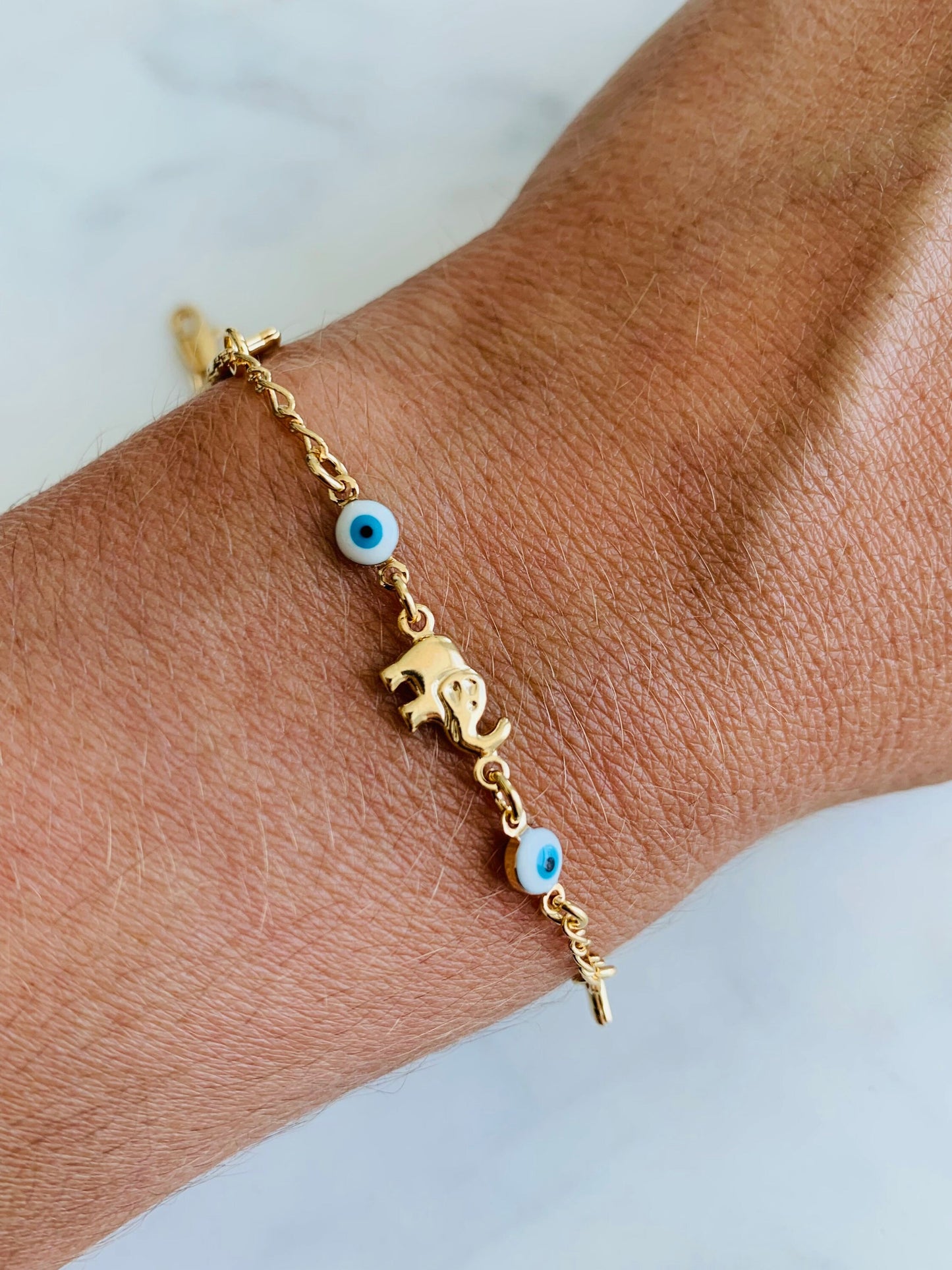 Gold Filled Evil Eye & Elephant Charm Bracelet