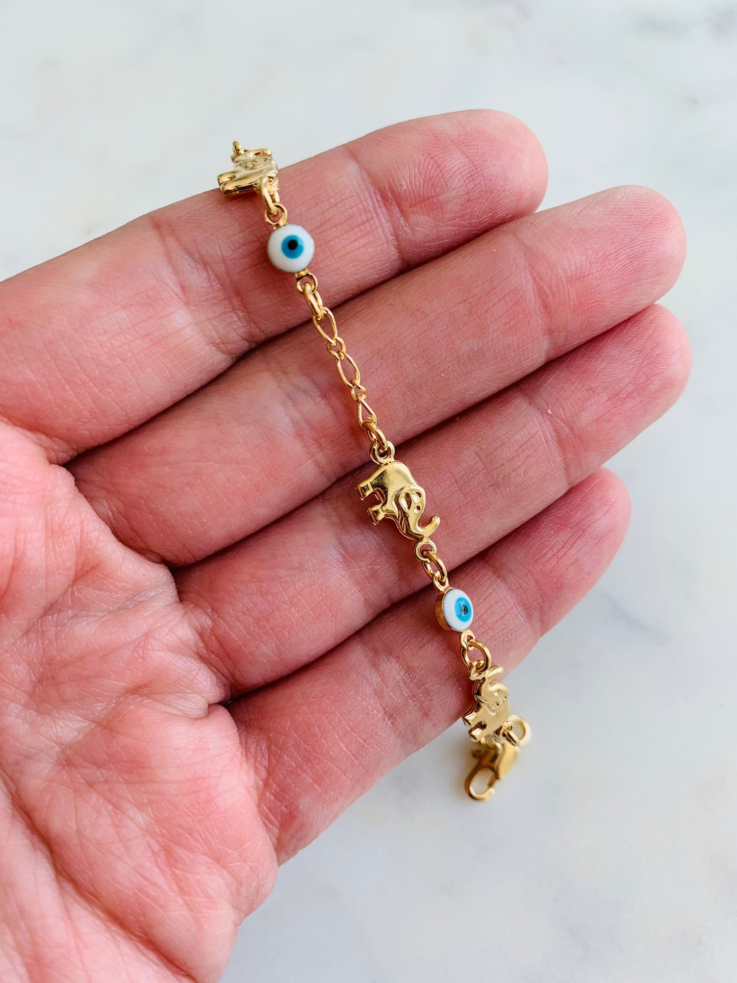 Gold Filled Evil Eye & Elephant Charm Bracelet