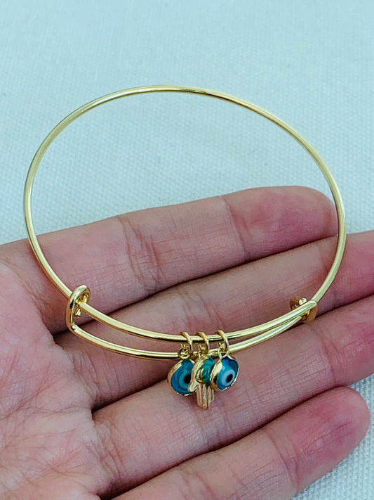 Gold Filled Dangling Evil Eye & Hamsa Bangle