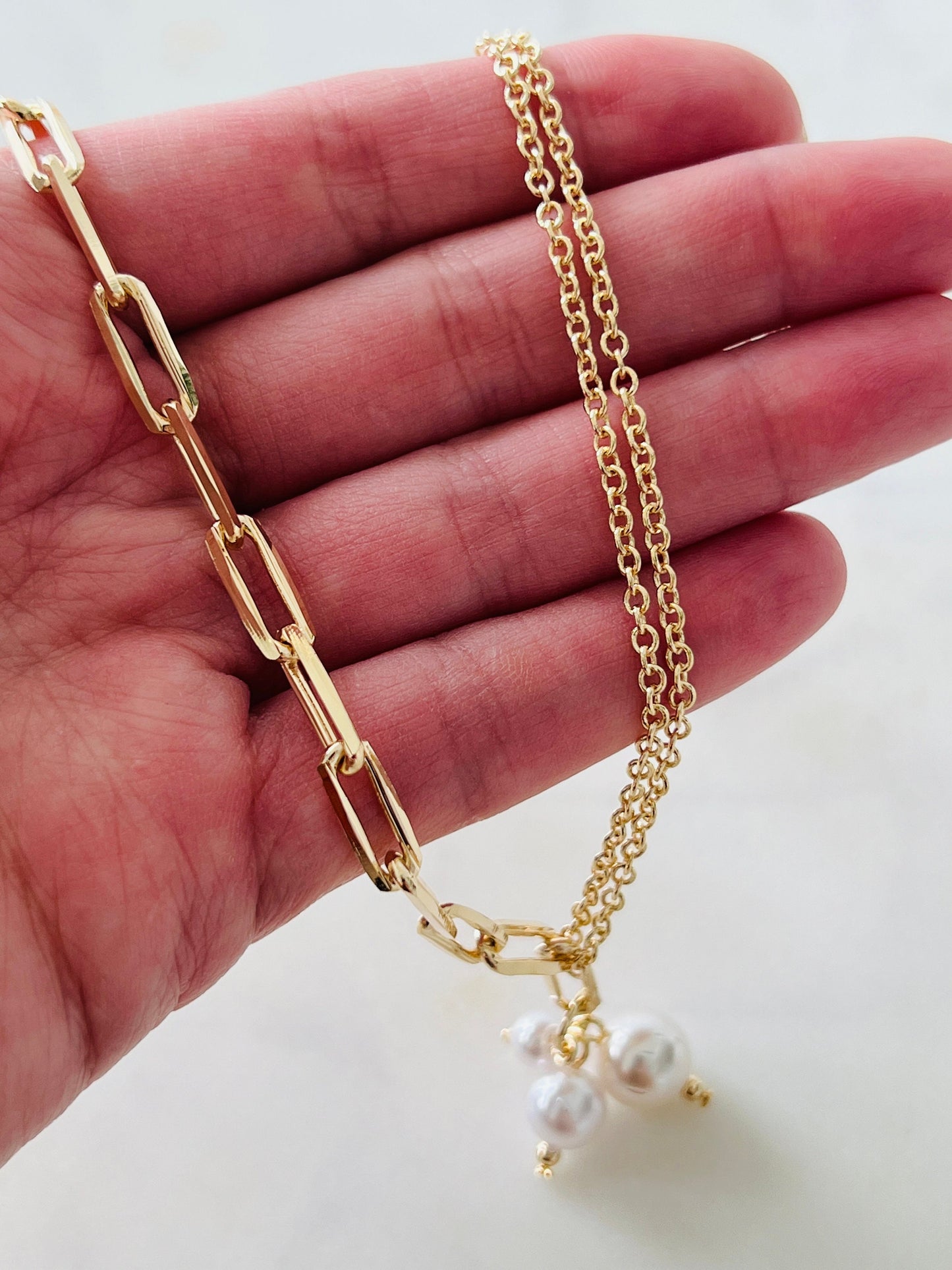 Gold Filled Paperclip Necklace with Toggle Clasp & Pearl Accent