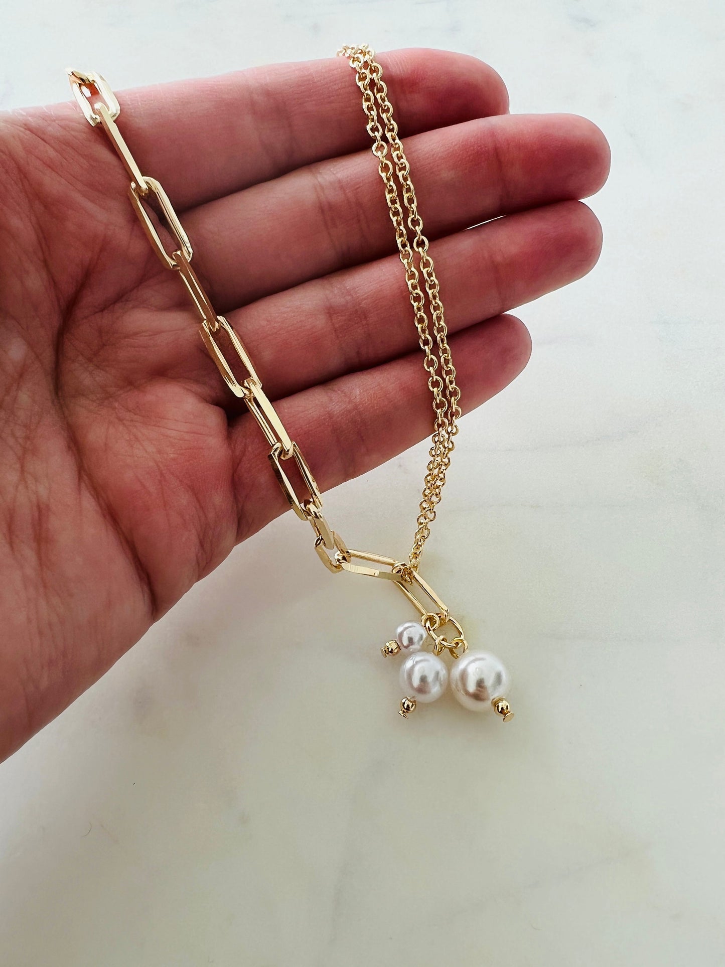 Gold Filled Paperclip Necklace with Toggle Clasp & Pearl Accent