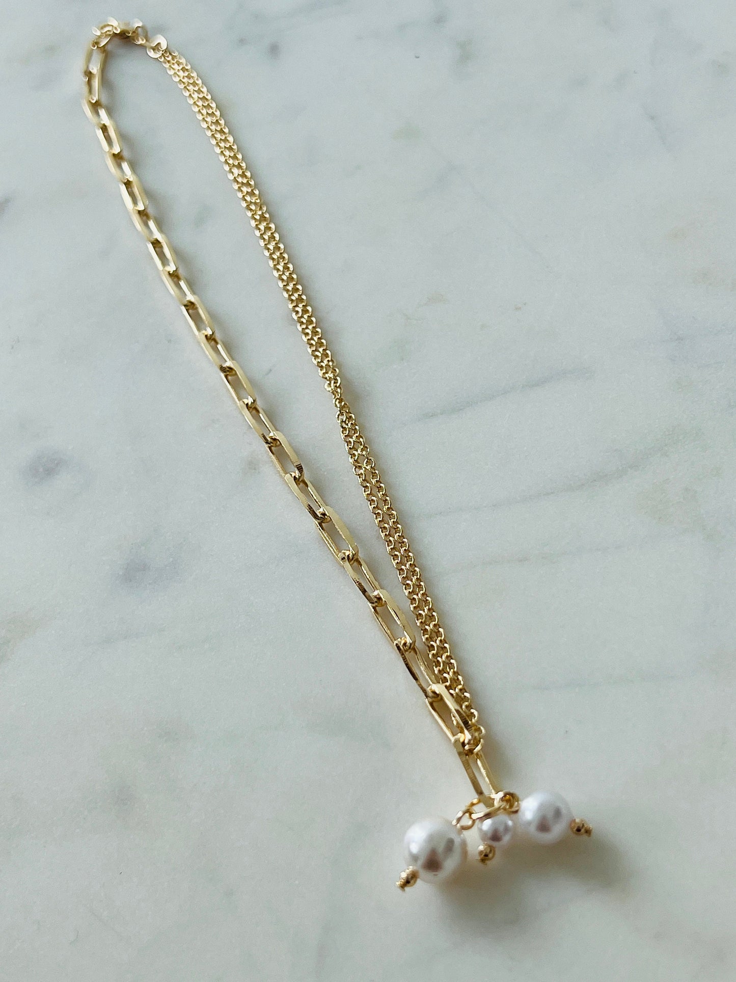 Gold Filled Paperclip Necklace with Toggle Clasp & Pearl Accent