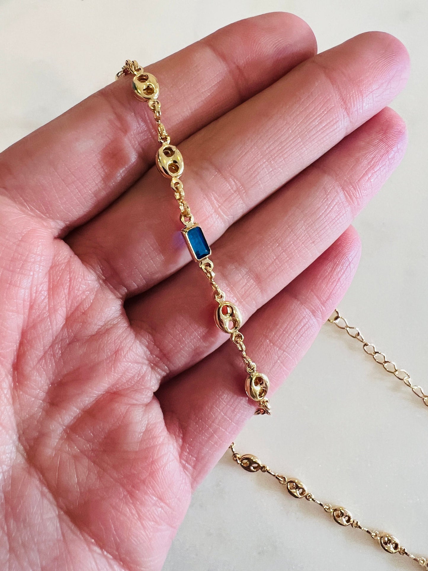 Gold Filled Puff Necklace with Blue Rectangle Gemstone Accent