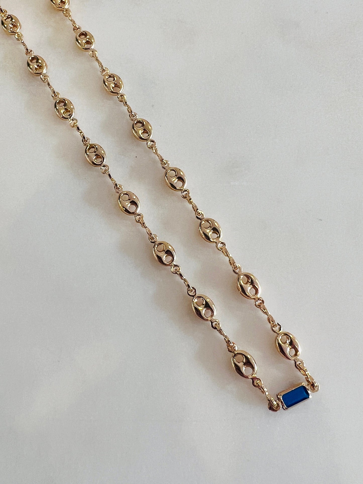 Gold Filled Puff Necklace with Blue Rectangle Gemstone Accent