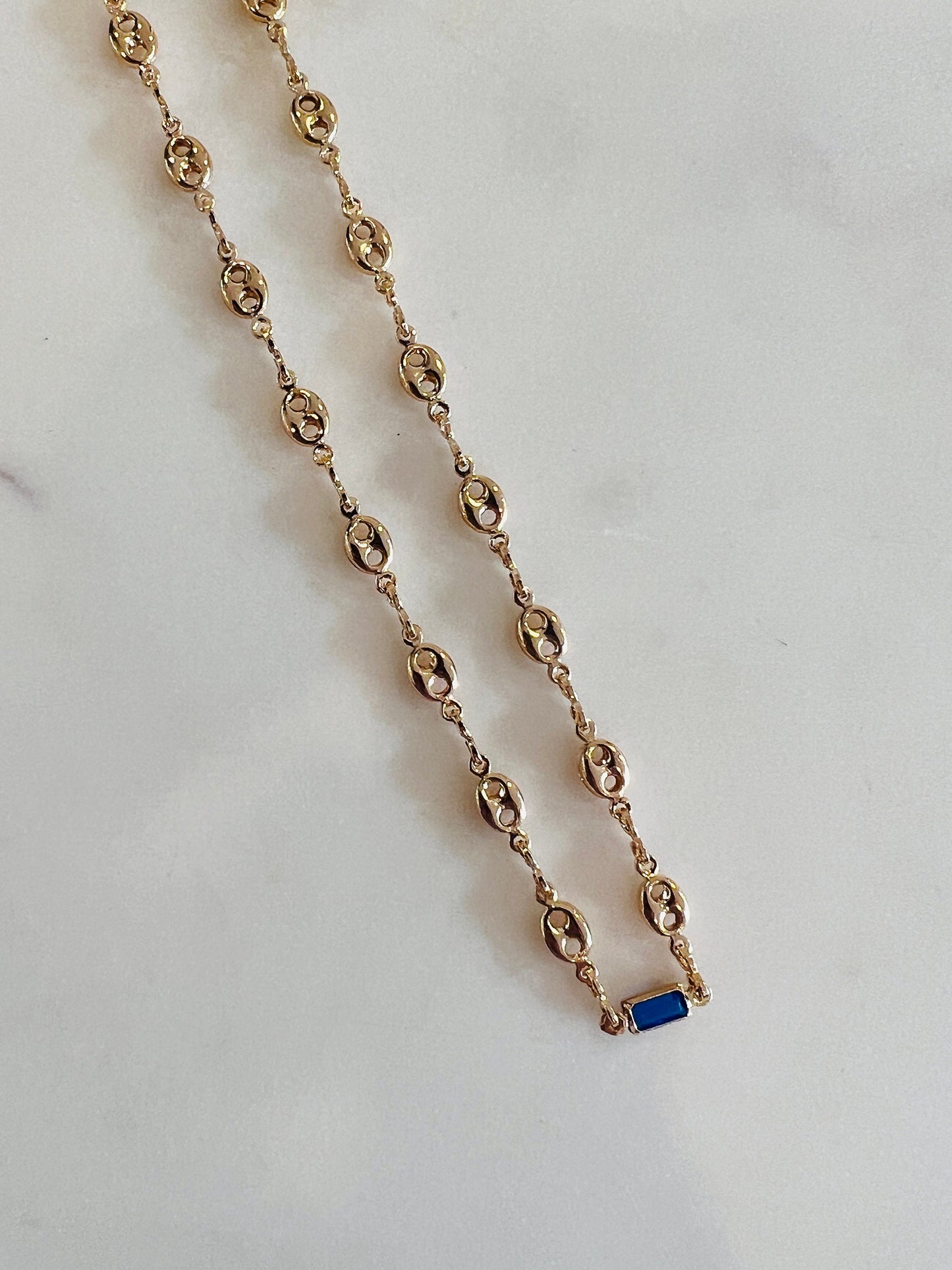 Gold Filled Puff Necklace with Blue Rectangle Gemstone Accent