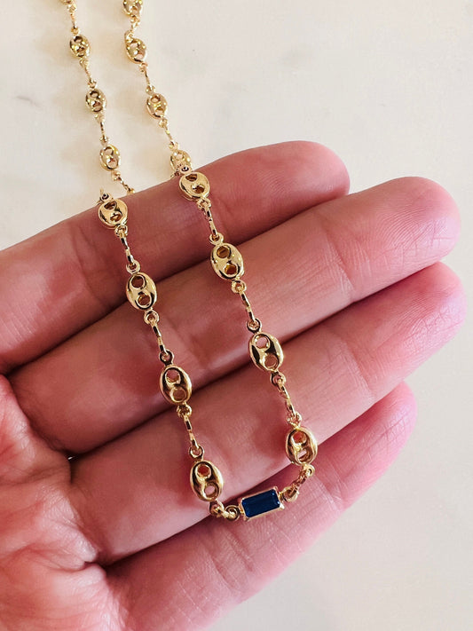 Gold Filled Puff Necklace with Blue Rectangle Gemstone Accent