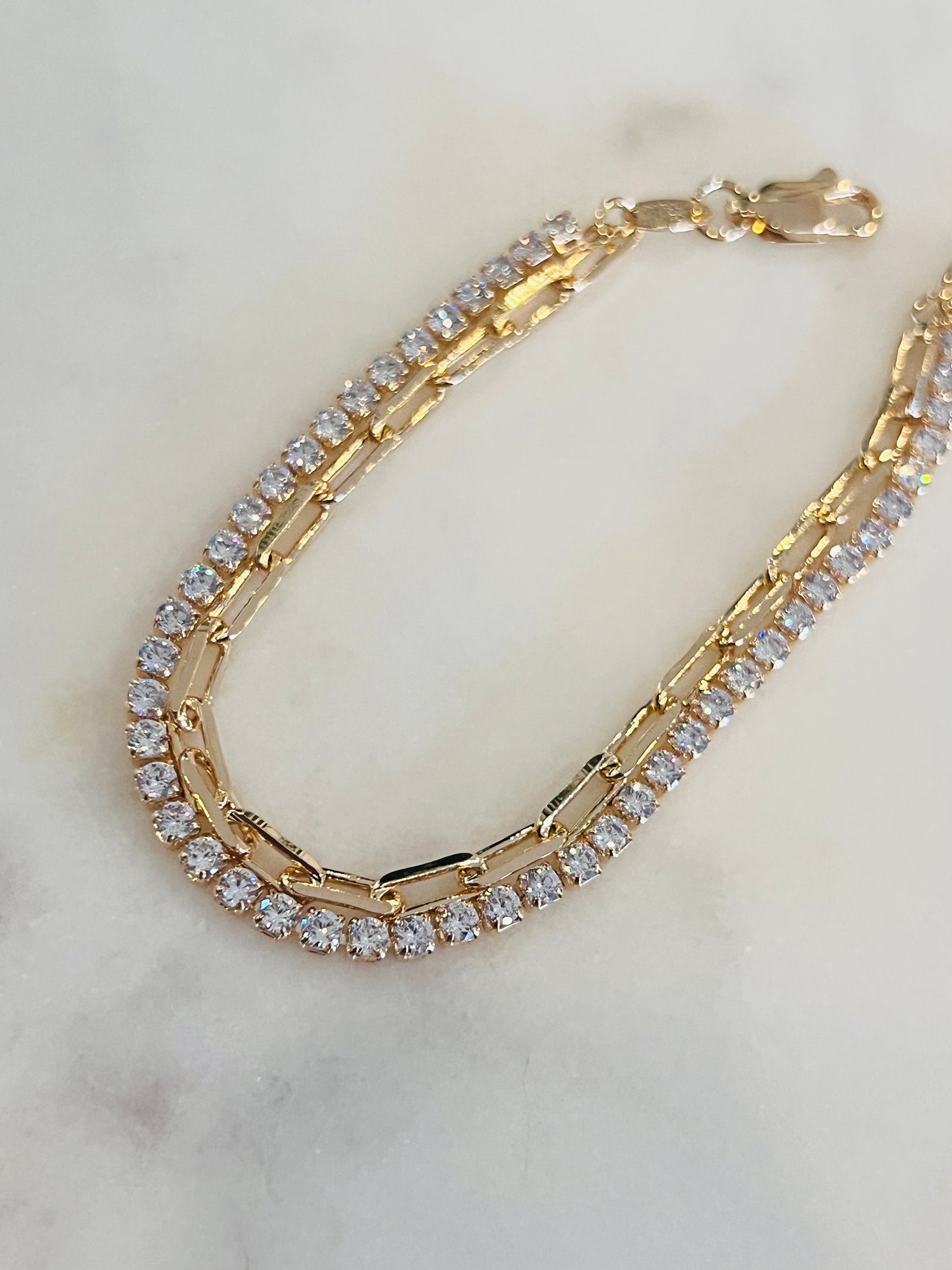 Gold Filled CZ Tennis & Paperclip Bracelet