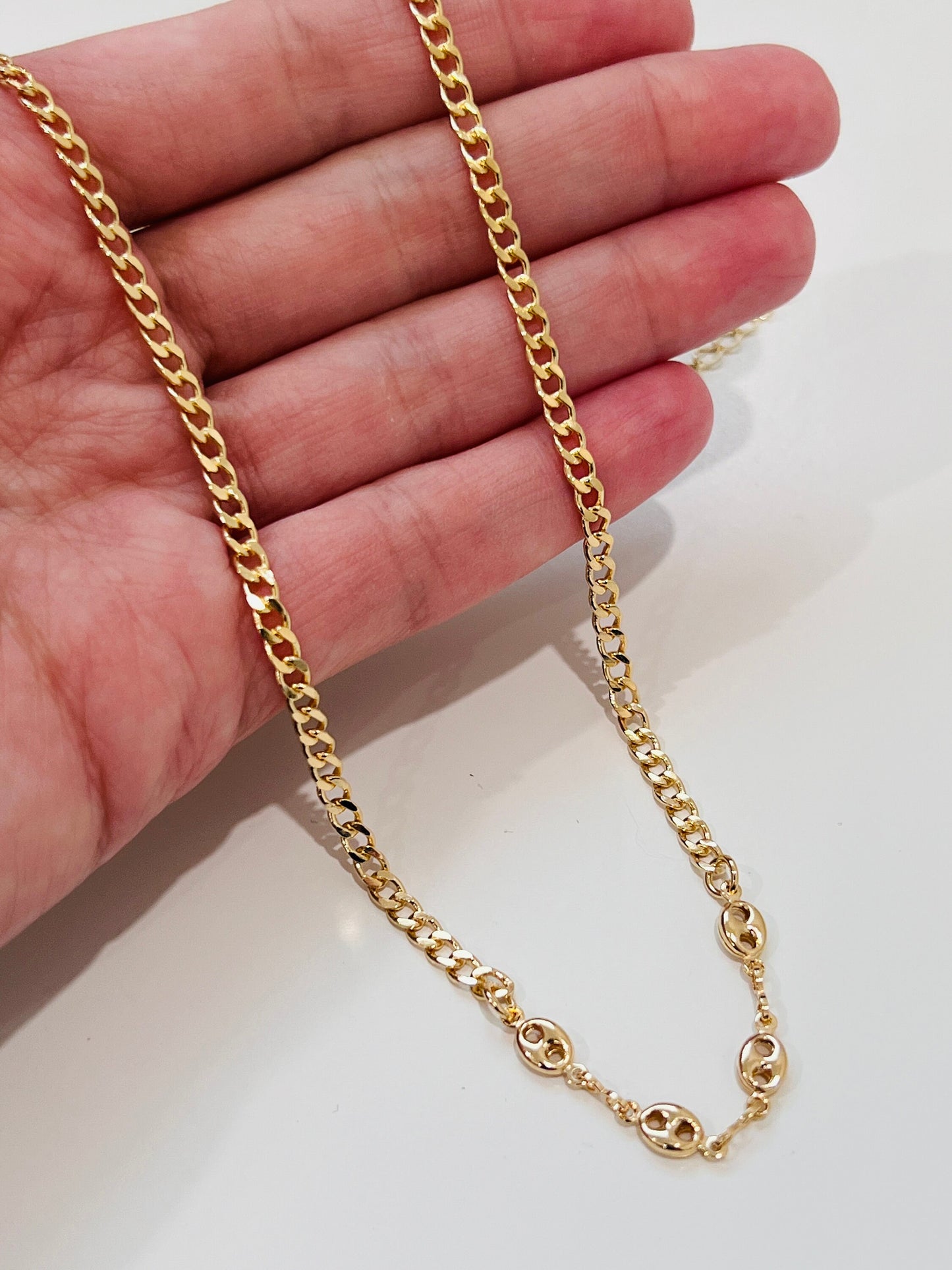 Gold Filled Curb Necklace with Puff Accents