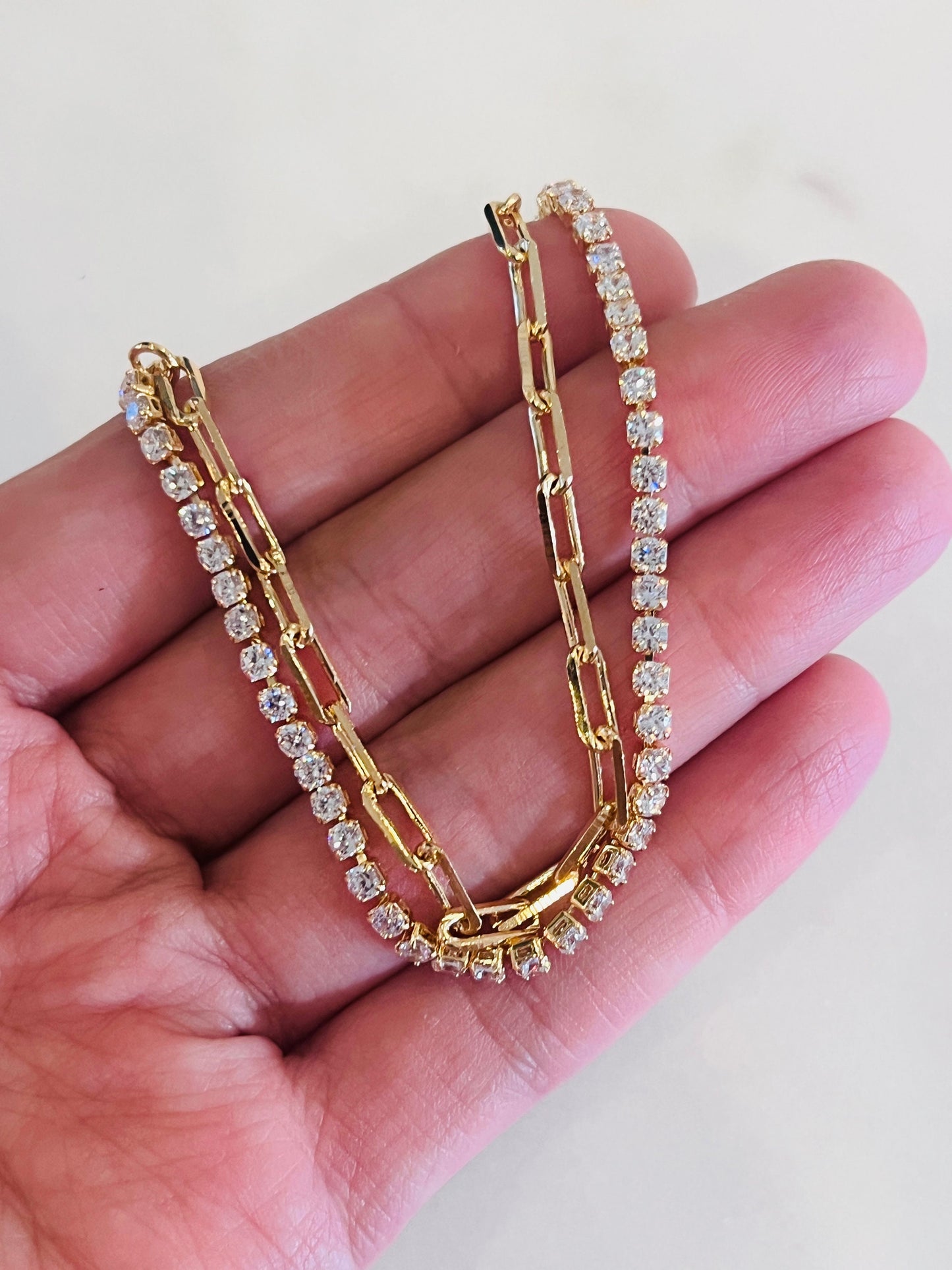 Gold Filled CZ Tennis & Paperclip Bracelet