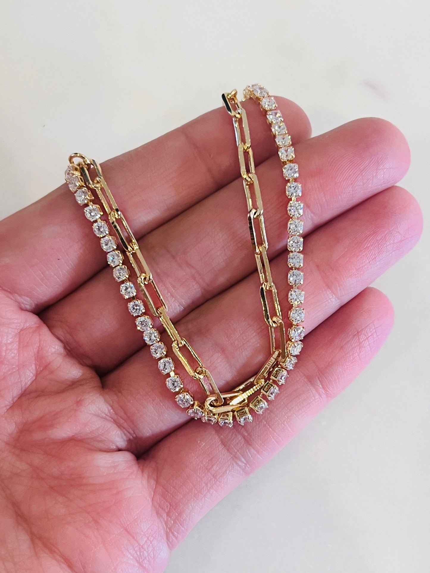 Gold Filled CZ Tennis & Paperclip Bracelet