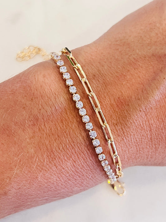 Gold Filled CZ Tennis & Paperclip Bracelet