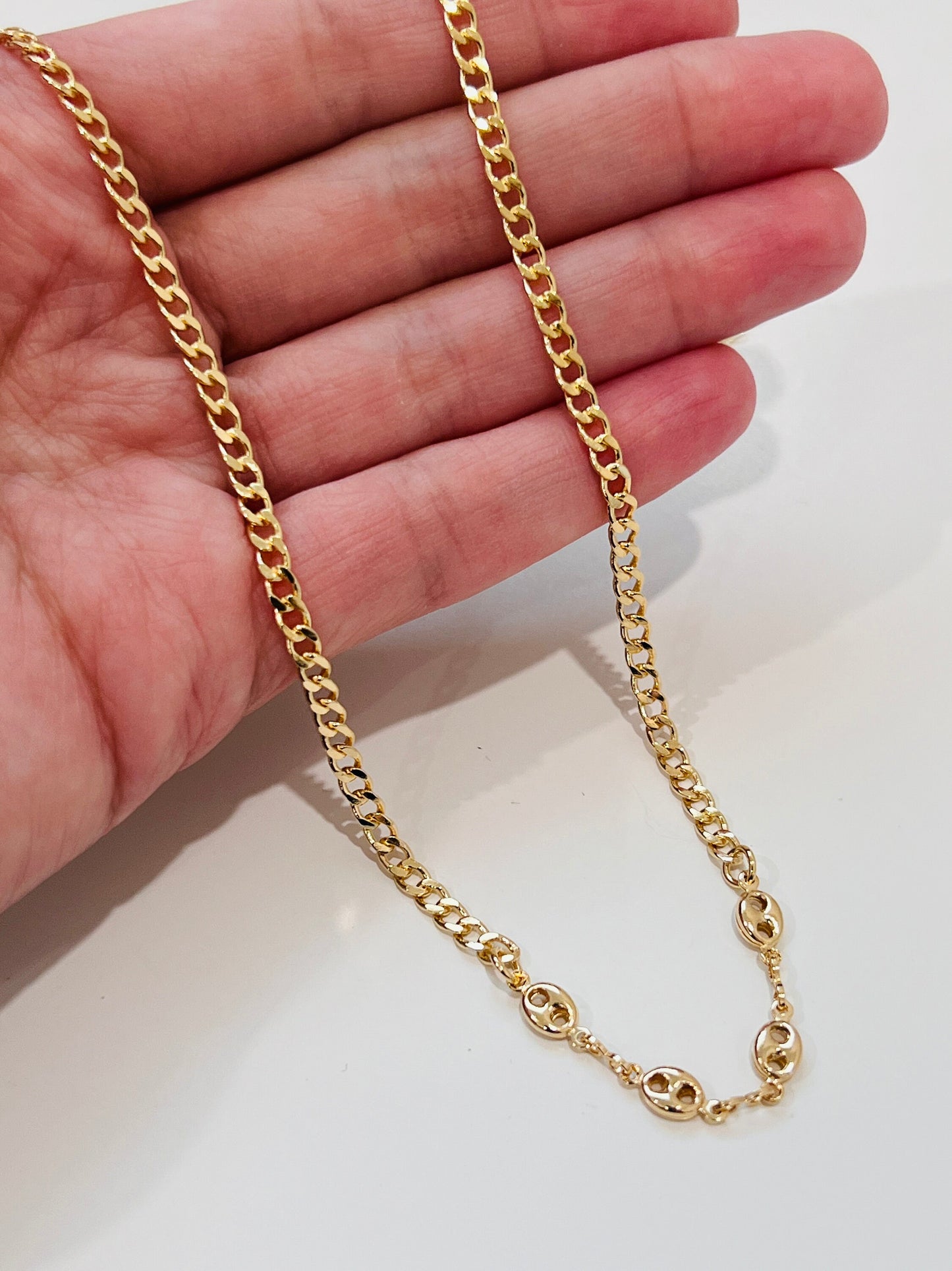 Gold Filled Curb Necklace with Puff Accents