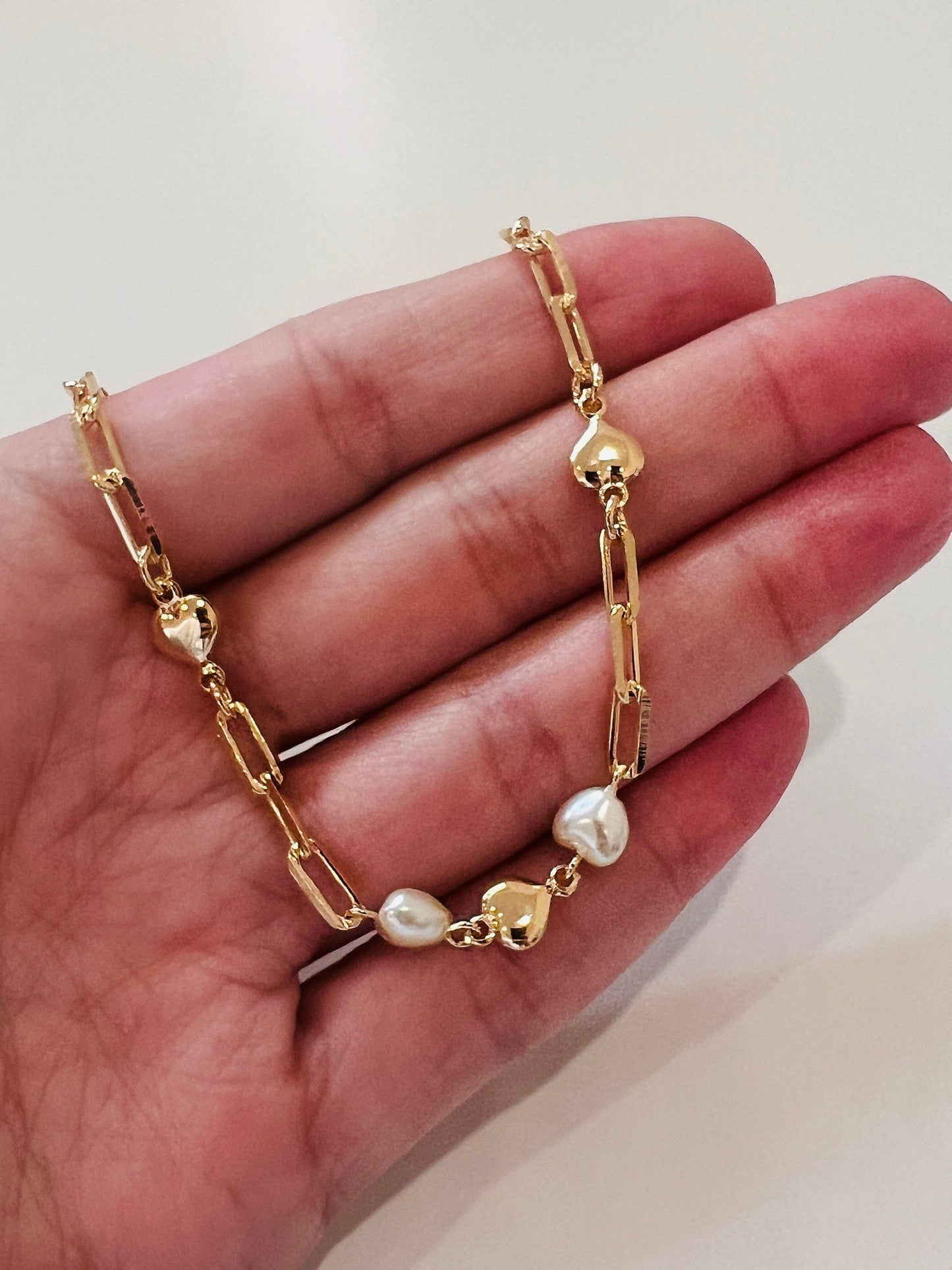 Gold Filled Heart & Pearl Paperclip Bracelet