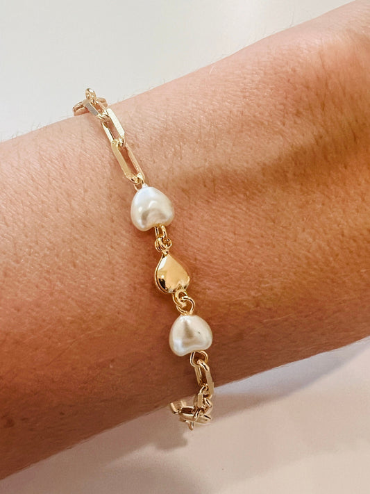 Gold Filled Heart & Pearl Paperclip Bracelet