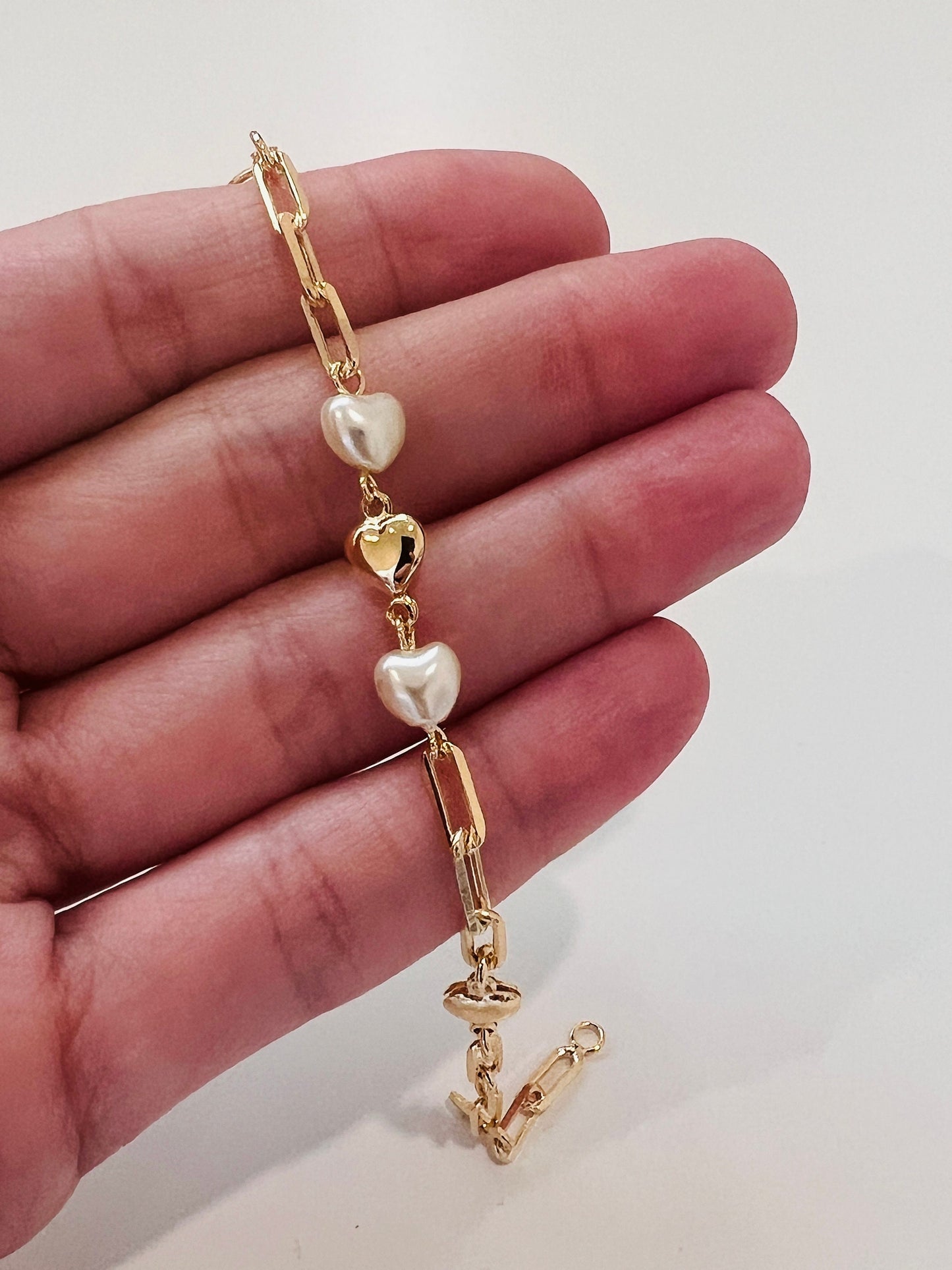 Gold Filled Heart & Pearl Paperclip Bracelet