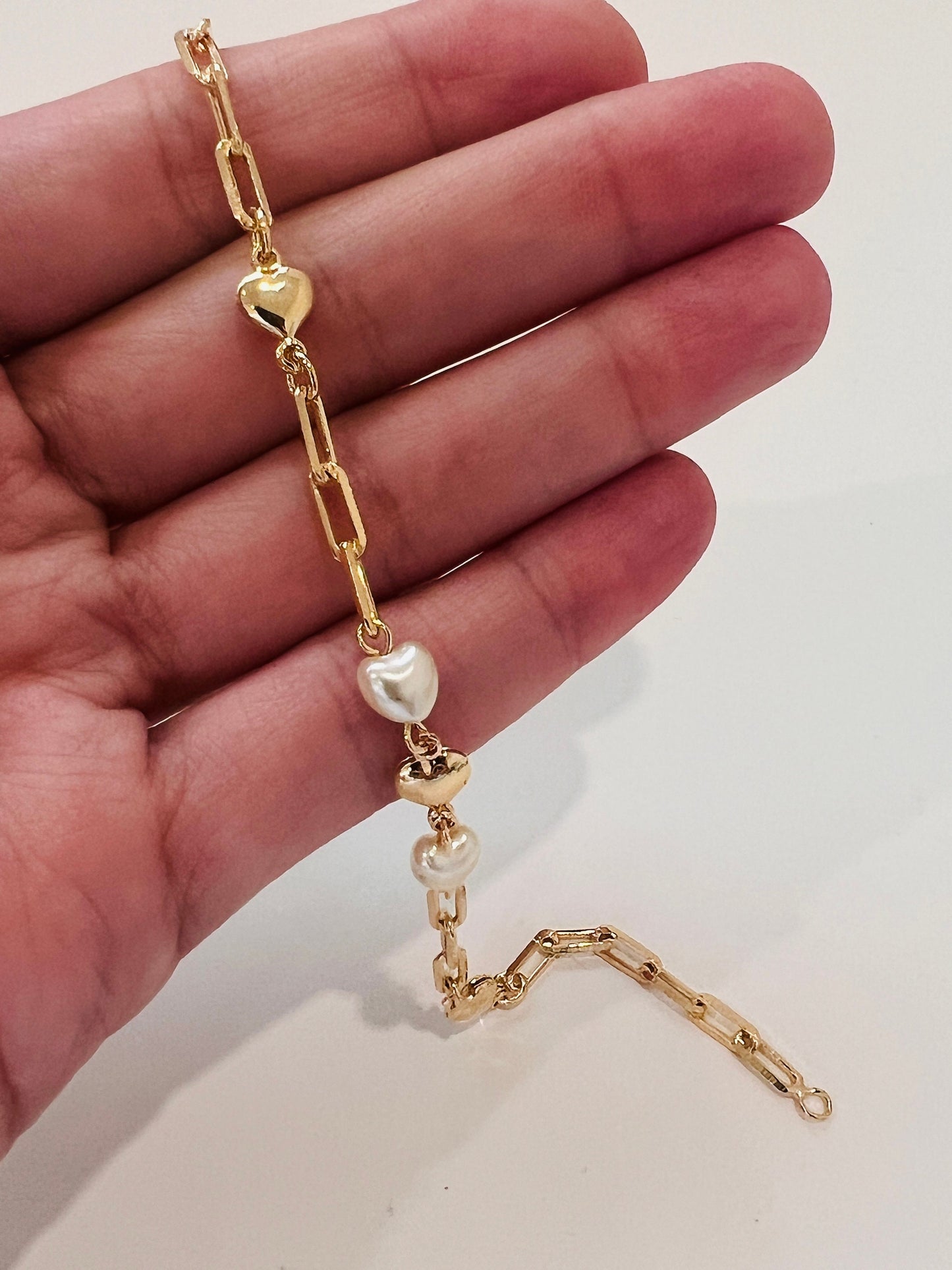 Gold Filled Heart & Pearl Paperclip Bracelet