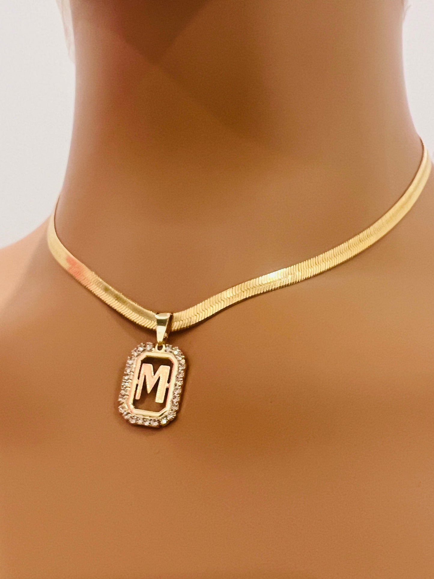 Gold Filled 4mm Personalized CZ Initial Herringbone Necklace