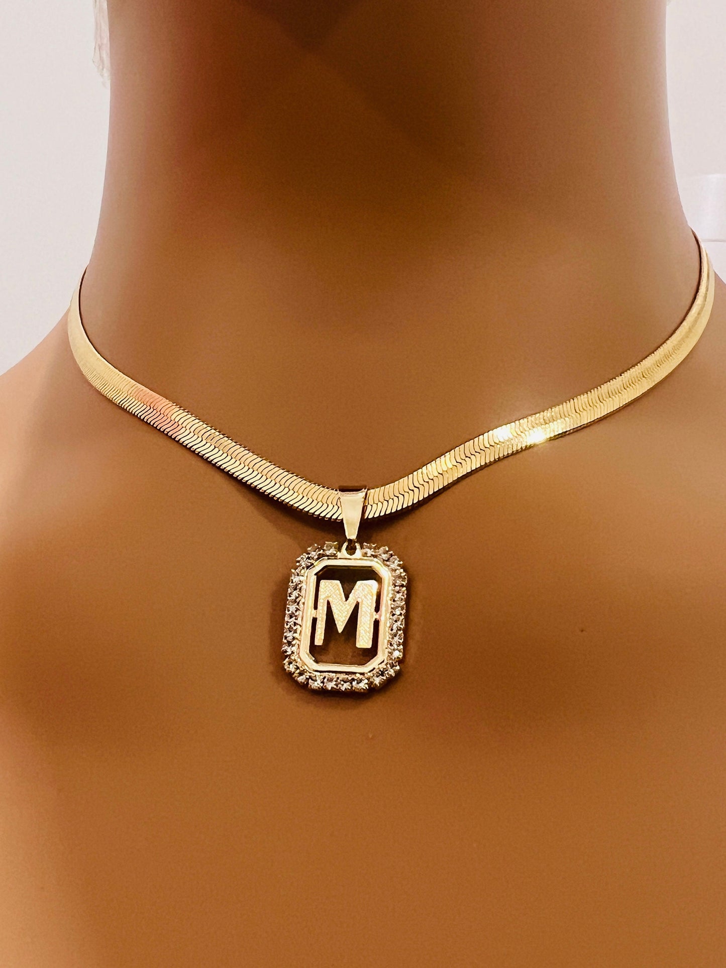 Gold Filled 4mm Personalized CZ Initial Herringbone Necklace