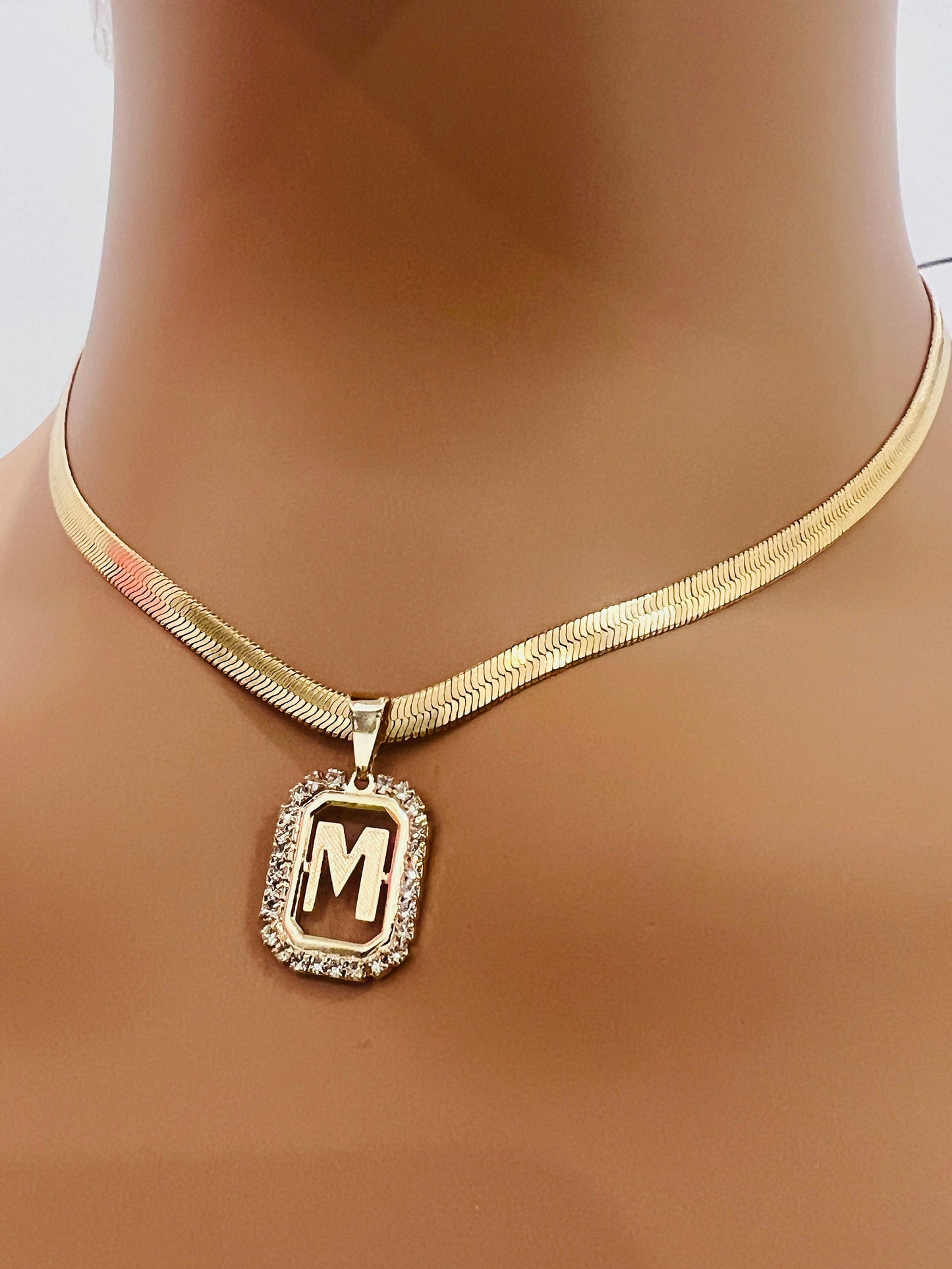 Gold Filled 4mm Personalized CZ Initial Herringbone Necklace